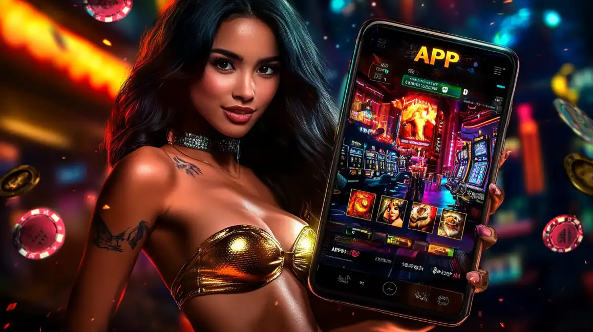 Attractive woman in gold metallic top displaying casino app on smartphone with virtual casino environment and floating poker chips