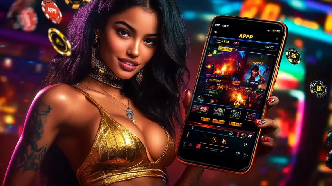 Stylish tattooed woman in gold dress showcasing mobile casino app interface with floating poker chips in vibrant neon lighting