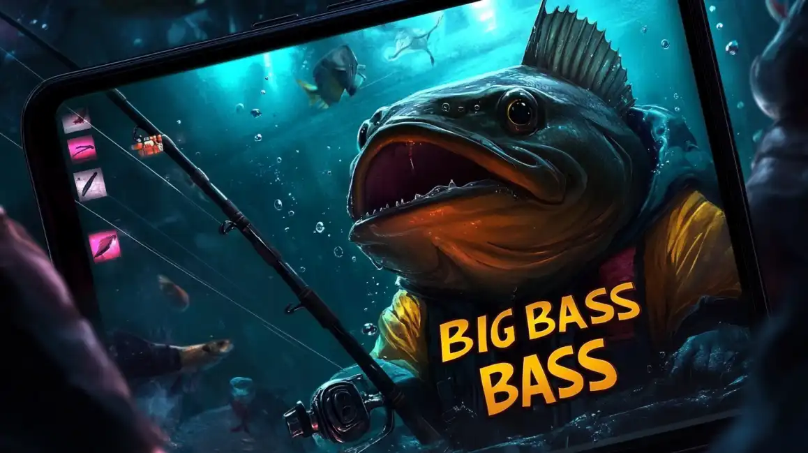 Big Bass Bass mobile slot game on tablet showing realistic underwater fishing scene with large bass fish and equipment