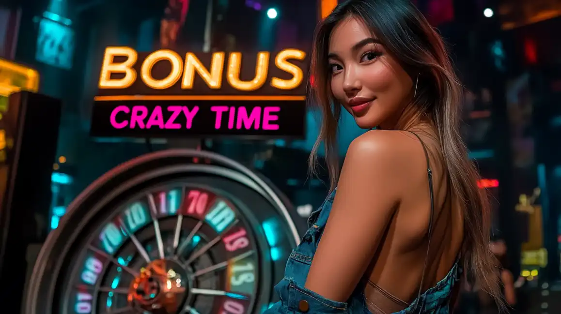 Beautiful woman in denim posing next to colorful Bonus Crazy Time game wheel in vibrant neon casino setting