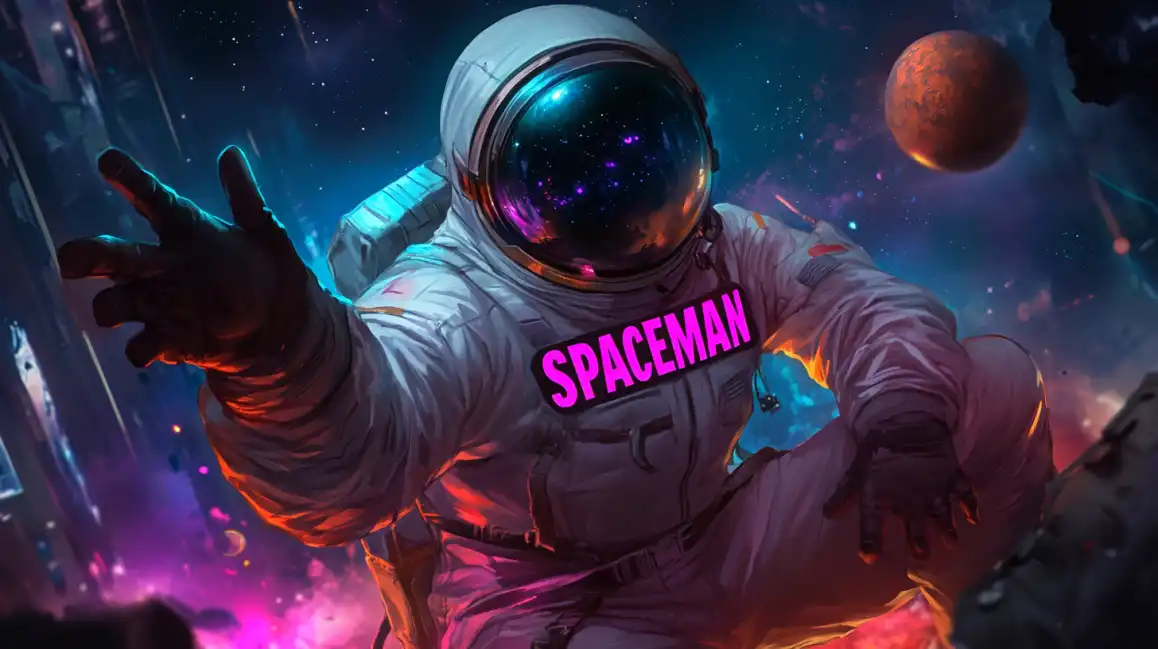 Spaceman casino game featuring astronaut in space suit floating in cosmic scene with planets and colorful nebula effects