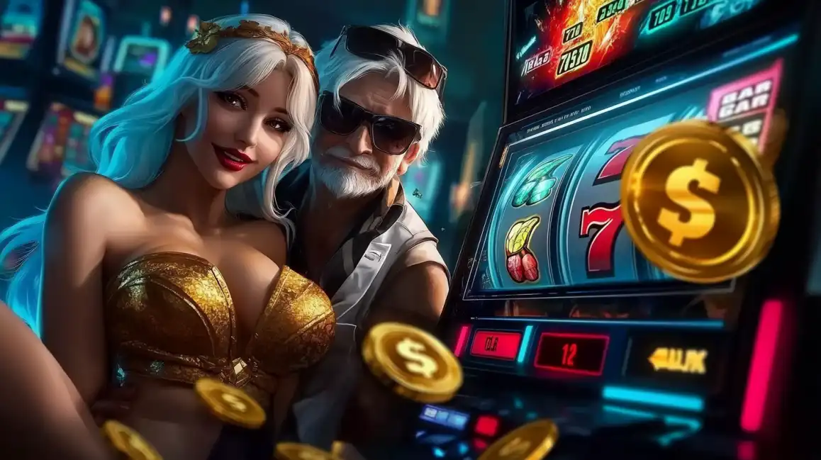 Happy casino couple at slot machine with blonde woman in gold dress and older man celebrating with floating gold coins