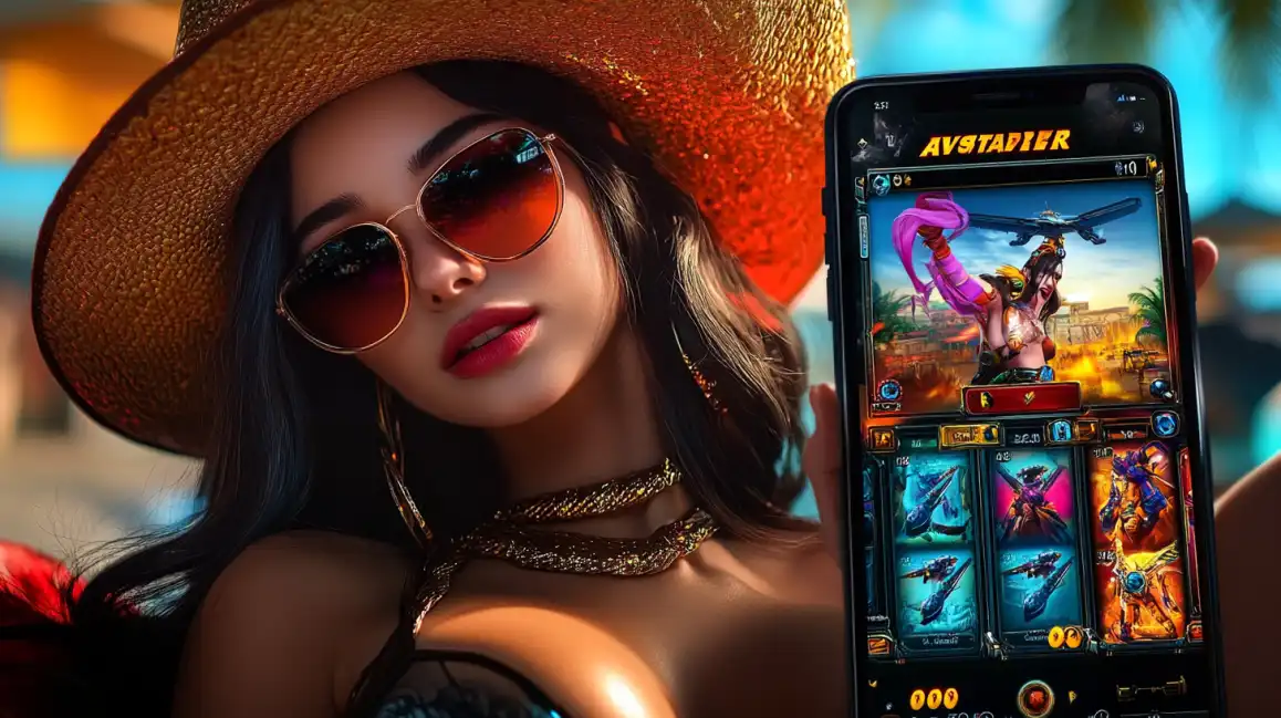 Stylish woman in orange hat and sunglasses displaying Avistader mobile slot game with fantasy characters and adventure theme