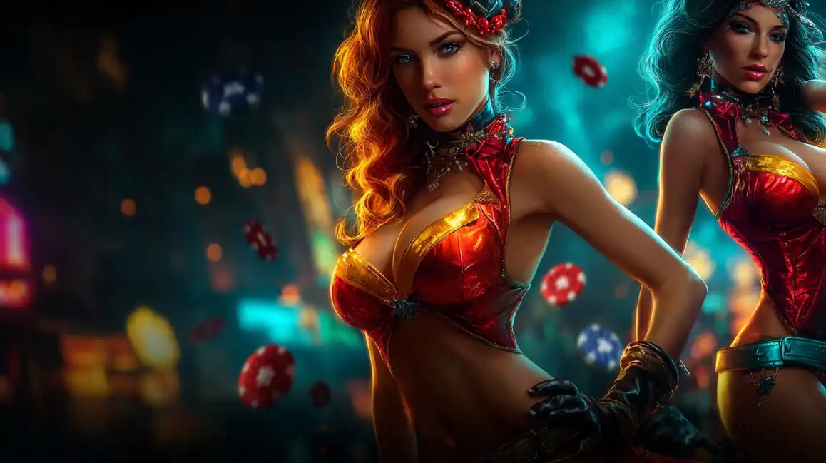 Two attractive women in western-themed casino outfits with floating poker chips and dice in atmospheric casino lighting