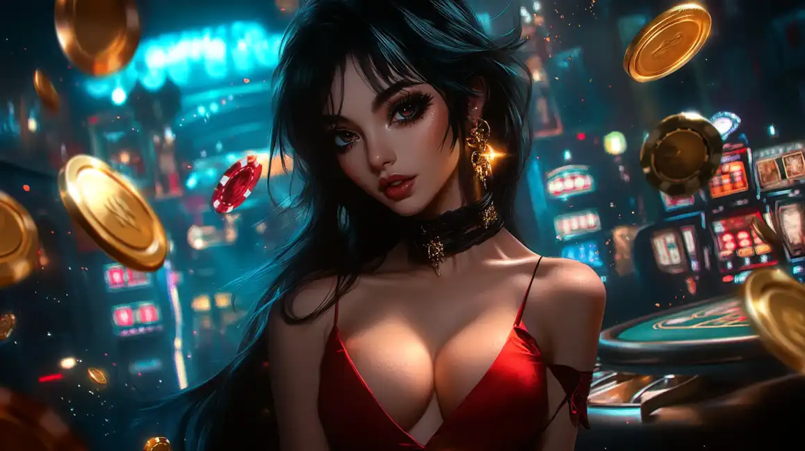 Beautiful brunette woman in red dress with ornate choker surrounded by floating gold coins and casino slot machines