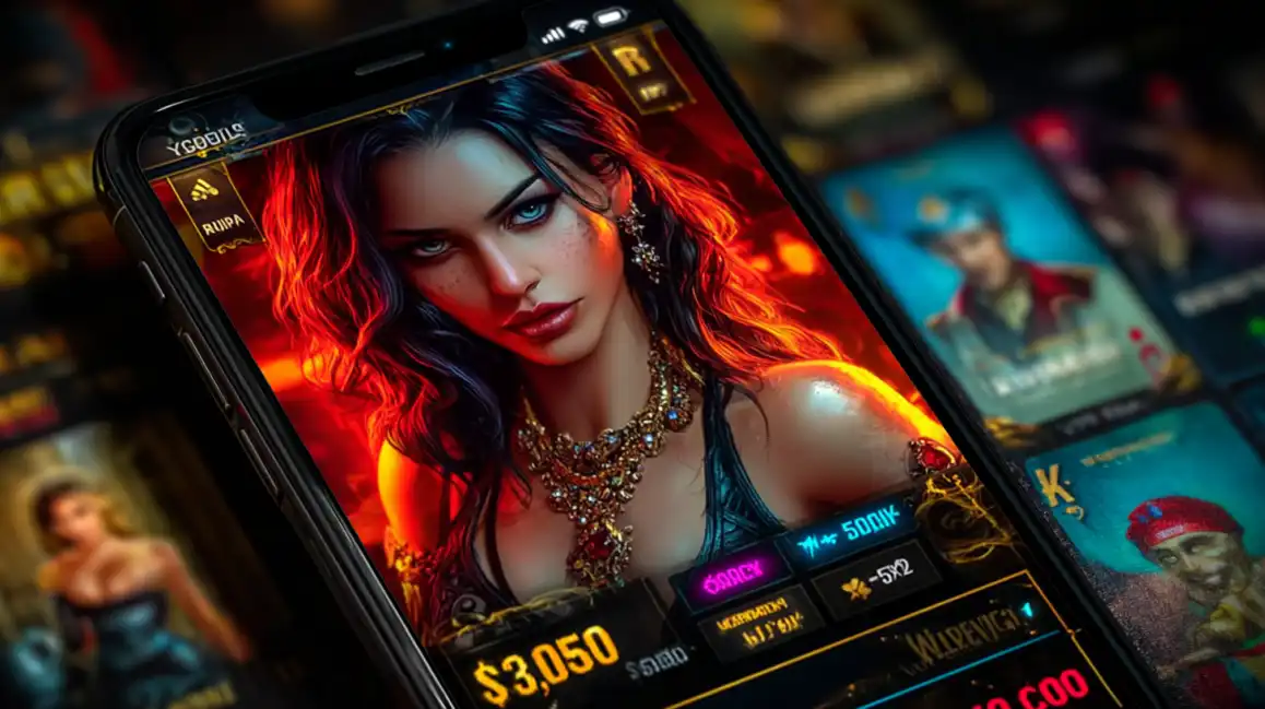 Mobile casino slot game interface showing attractive female character with flame effects and $3,050 winnings display