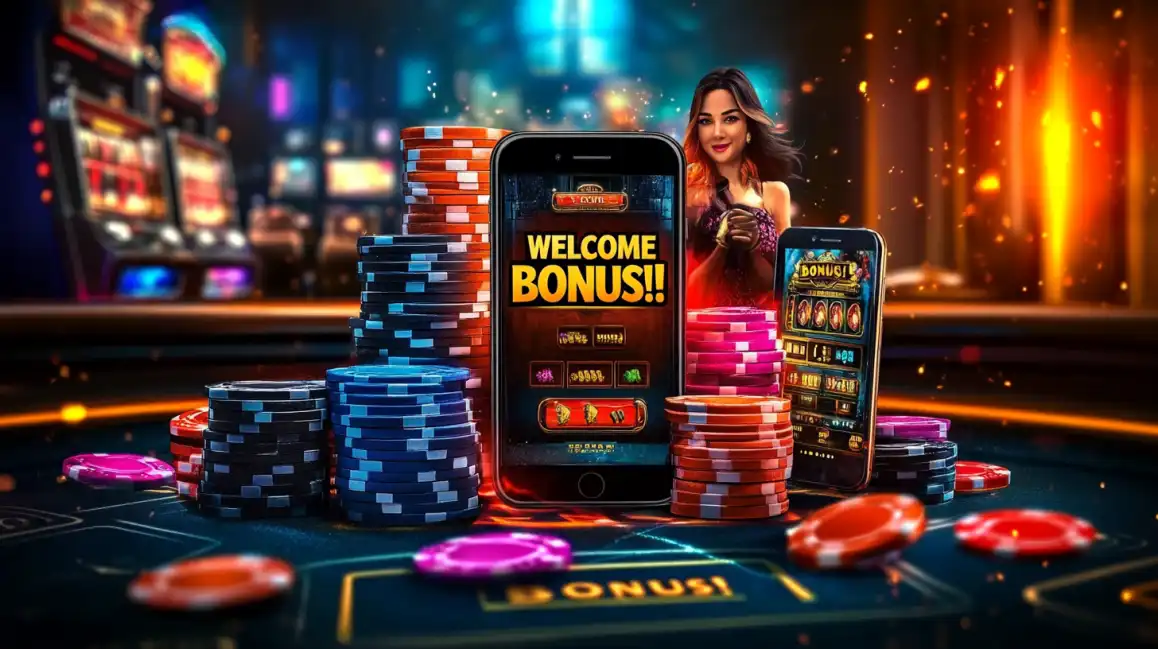 Mobile casino welcome bonus promotion featuring smartphones with poker chip stacks and attractive woman in luxurious casino environment