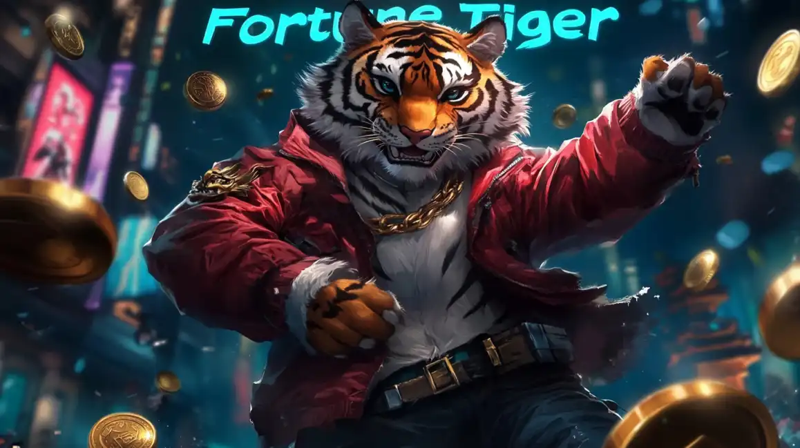 Fortune Tiger slot game featuring anthropomorphic tiger character in red jacket surrounded by floating gold coins in vibrant casino setting