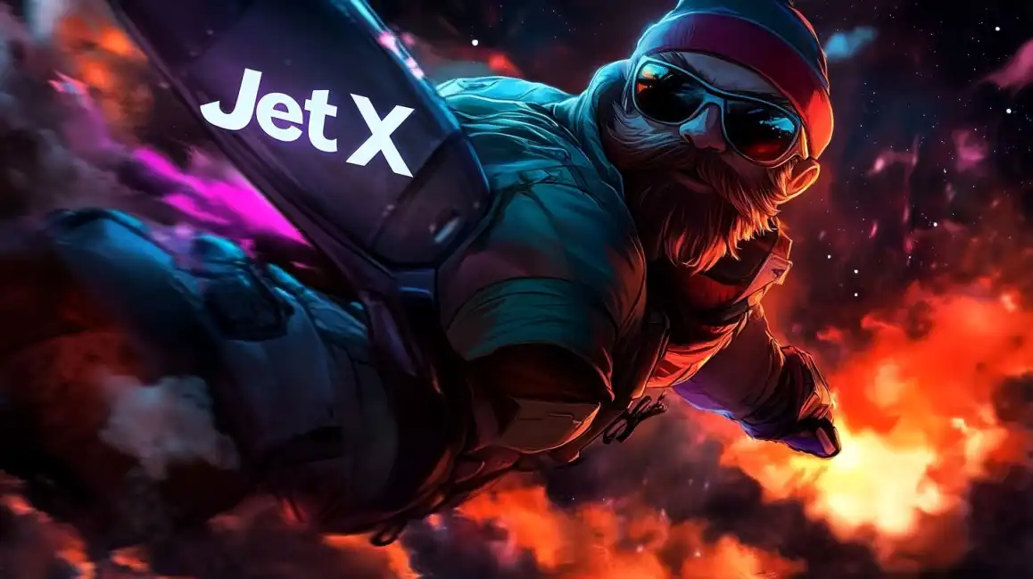 JetX crash game showing pilot character with goggles flying through dramatic explosive sky with vibrant red and blue effects