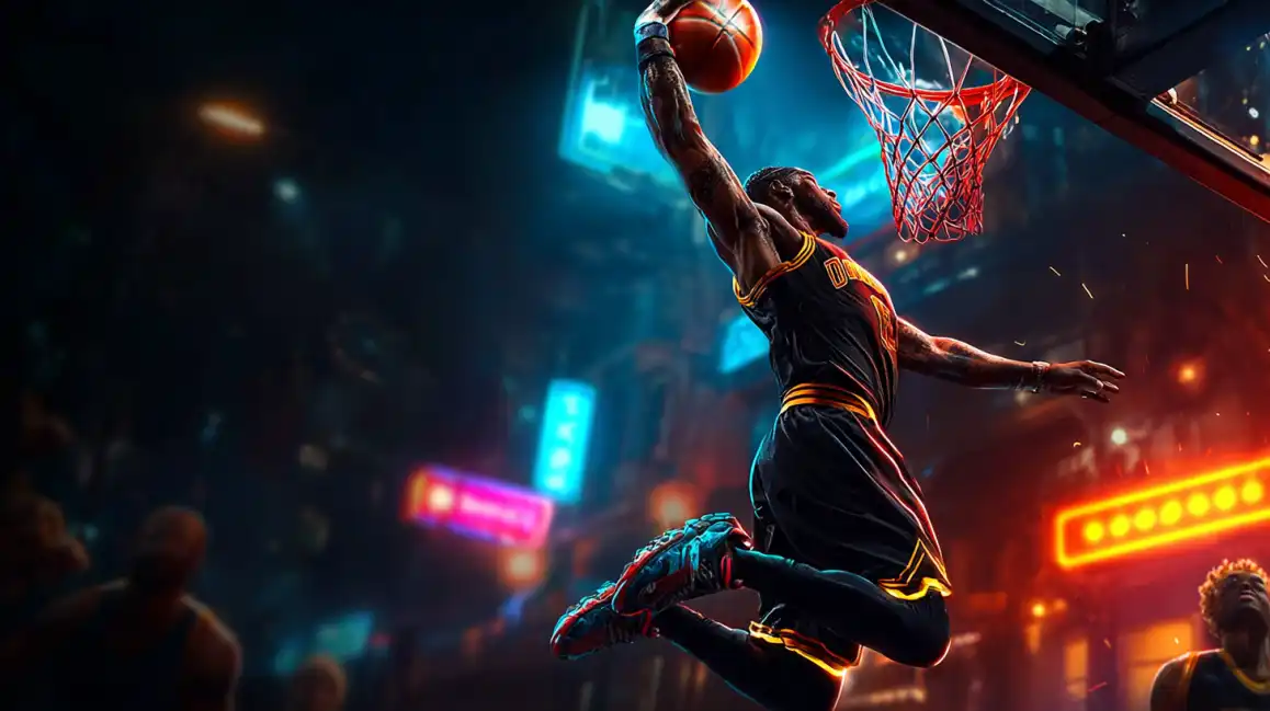 Dynamic basketball player performing slam dunk in dramatic neon-lit arena with vibrant lighting effects for sports betting