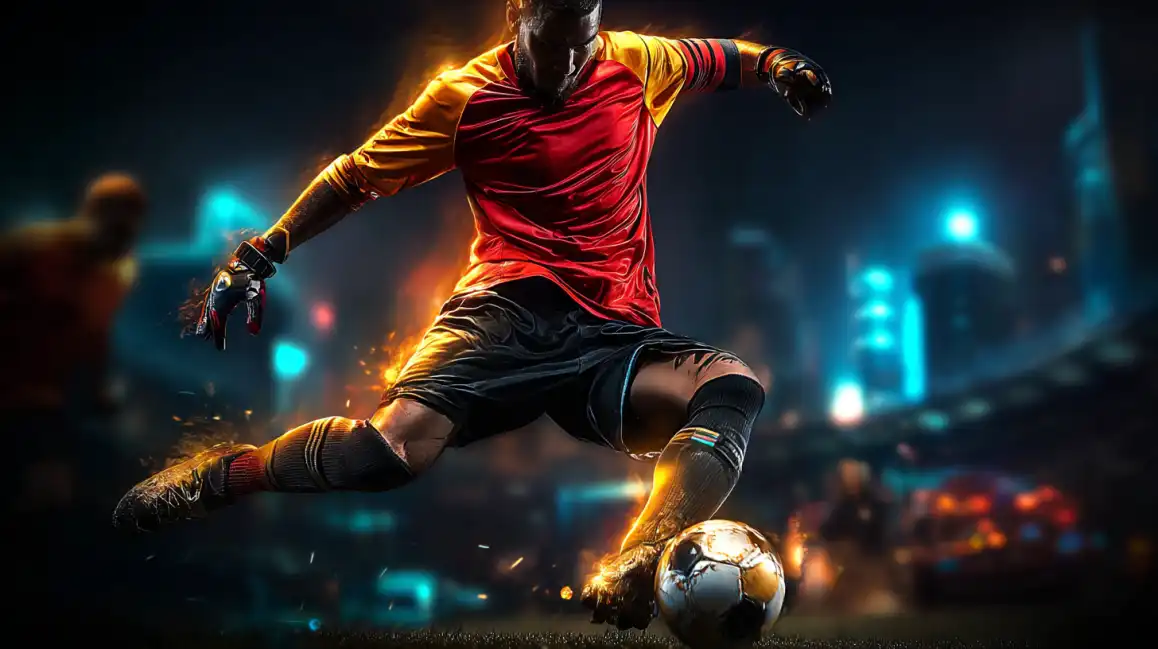 Professional soccer player in red uniform executing powerful kick with golden energy effects in atmospheric stadium lighting